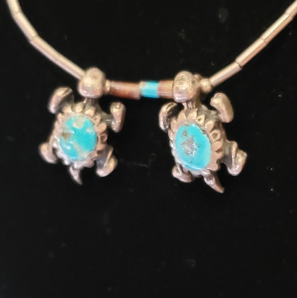 Two Turquoise Turtles Southwest Silver Bead Necklace Boho - Picture 5 of 11